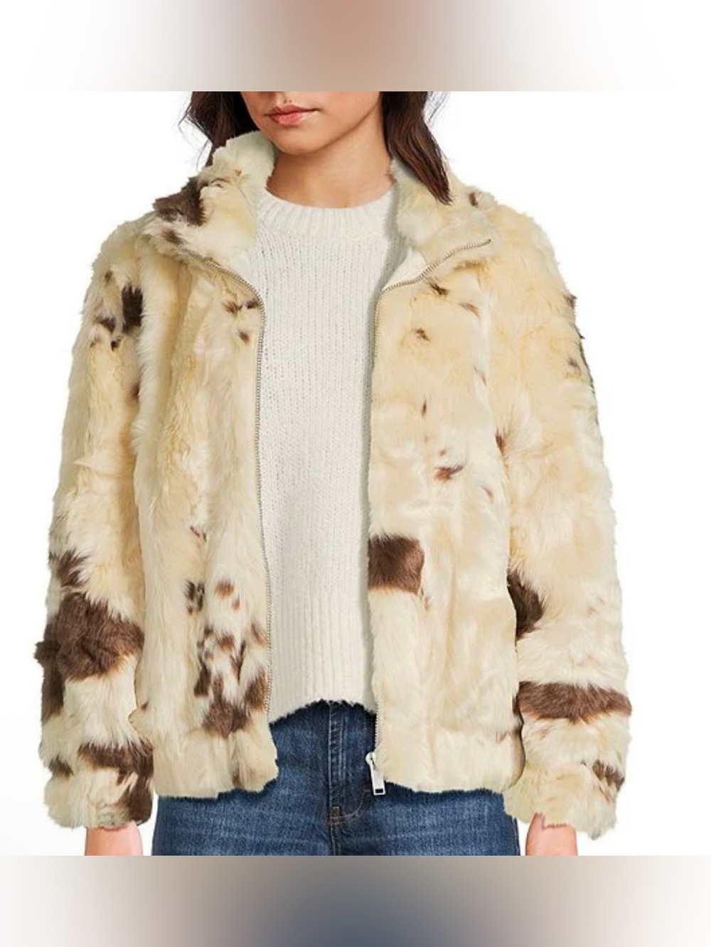 Top Shop Cream & Brown Faux Fur Zip Jacket - Women's Cozy Coat